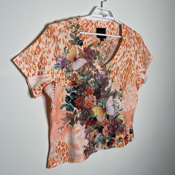 Vtg FRENCH BLUE Orange Boxy Tee Butterfly Rhinestone Cheetah Y2K Fairy Sz 1X - Picture 3 of 7